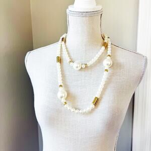Chico’s Long Faux Pearl & Gold Necklace